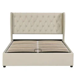 Redom Lit 160x200 cm avec coffre et tête de lit haute capitonnée style Chesterfield en velours beige, cadre solide