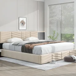 Redom Lit 160x200 cm avec coffre hydraulique et tête de lit réglable, tapissé velours beige, design contemporain Hot