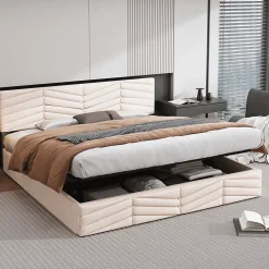 Redom Lit 160x200 cm avec coffre hydraulique et tête de lit réglable, tapissé velours beige, design contemporain Hot