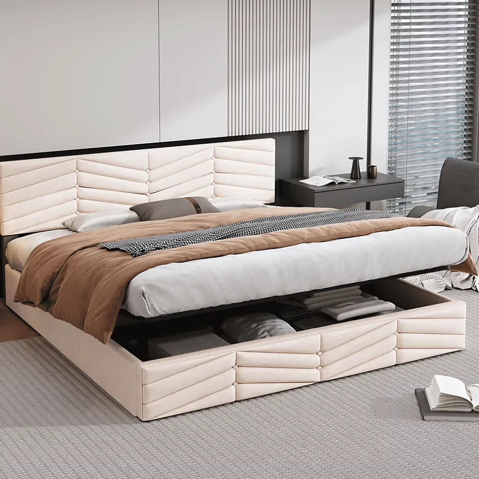Redom Lit 160x200 cm avec coffre hydraulique et tête de lit réglable, tapissé velours beige, design contemporain Hot