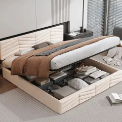 Redom Lit 160x200 cm avec coffre hydraulique et tête de lit réglable, tapissé velours beige, design contemporain Hot