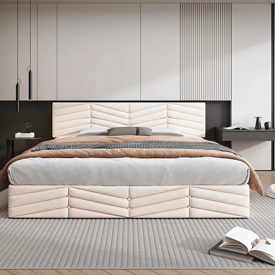Redom Lit 160x200 cm avec coffre hydraulique et tête de lit réglable, tapissé velours beige, design contemporain Hot