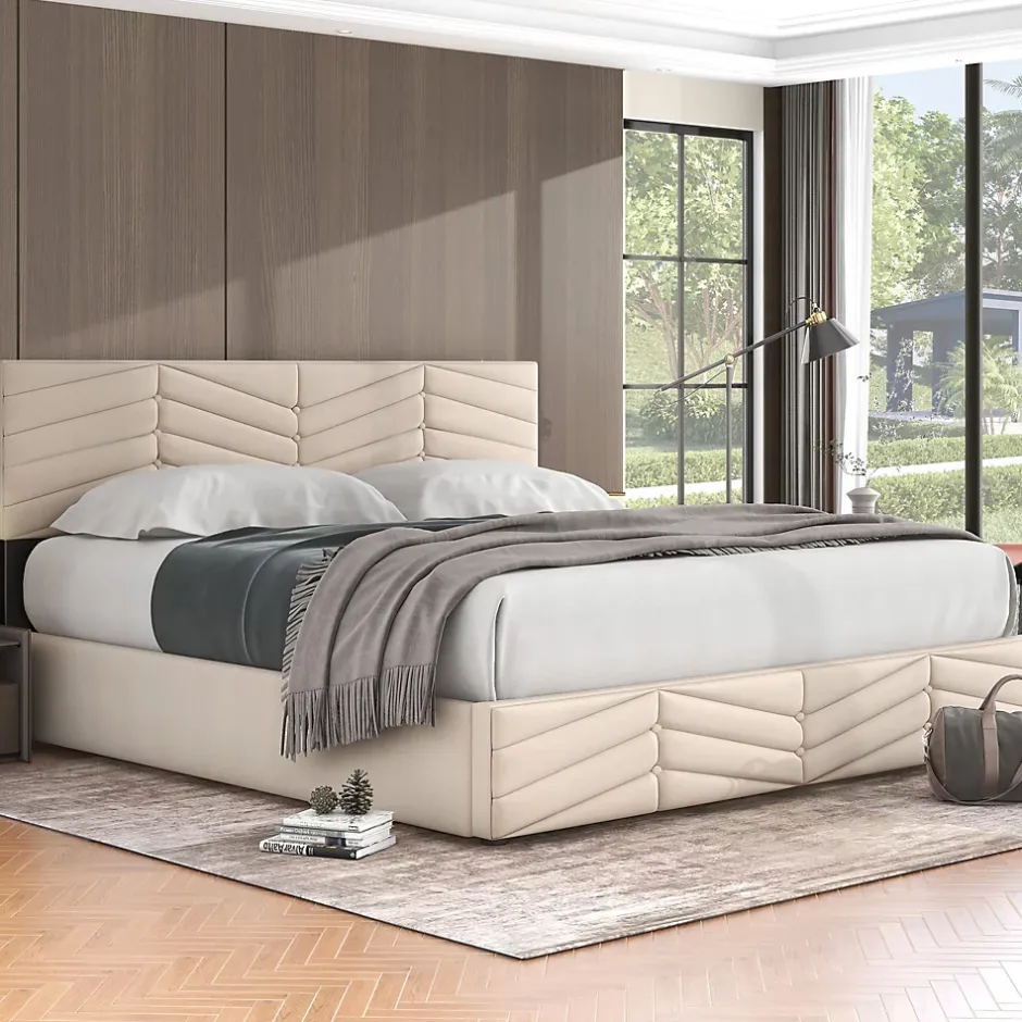 Redom Lit 160x200 cm avec coffre hydraulique et tête de lit réglable, tapissé velours beige, design contemporain Hot