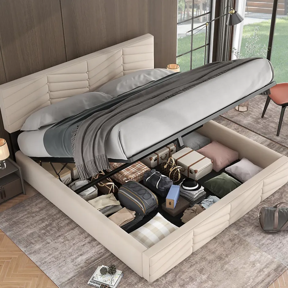 Redom Lit 160x200 cm avec coffre hydraulique et tête de lit réglable, tapissé velours beige, design contemporain Hot