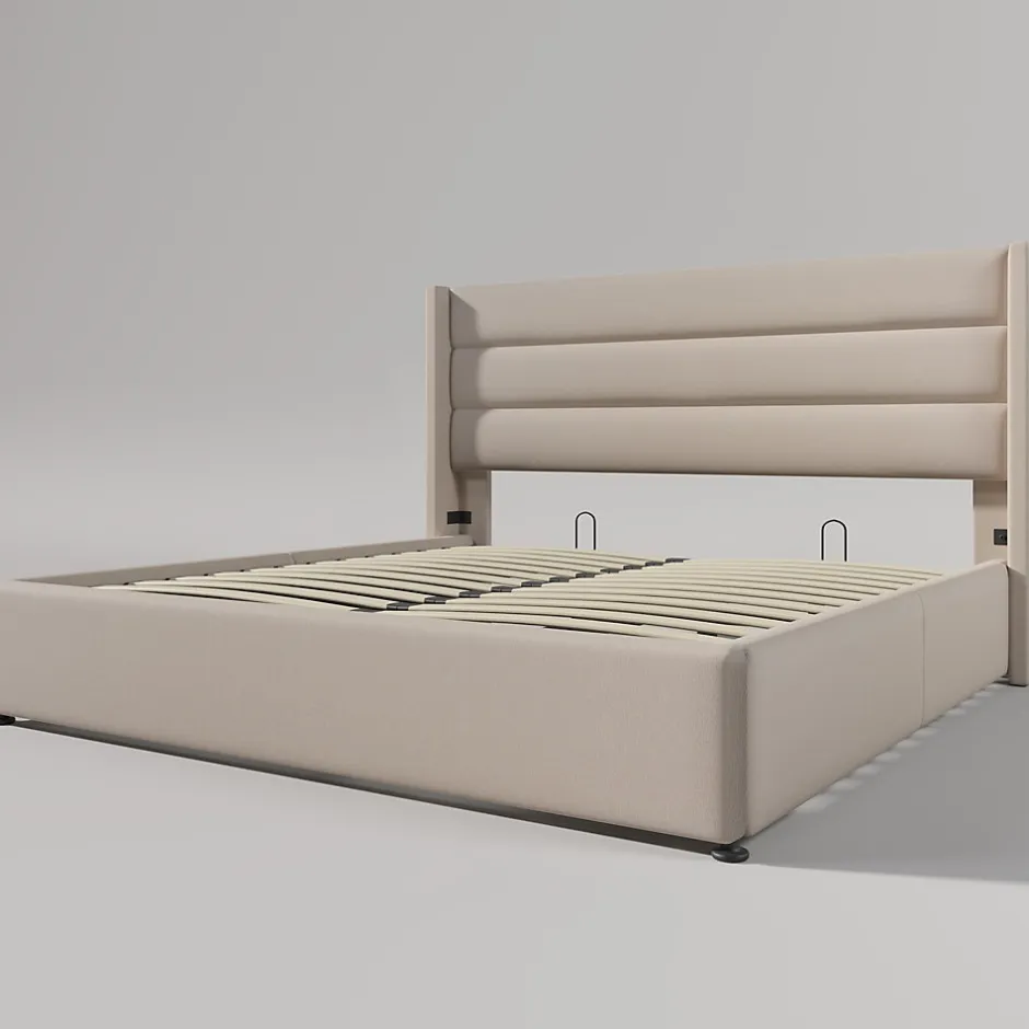 Redom Lit 160x200 cm avec coffre hydraulique et tête de lit rembourrée en lin beige, design moderne