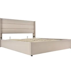 Redom Lit 160x200 cm avec coffre hydraulique et tête de lit rembourrée en lin beige, design moderne