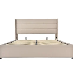 Redom Lit 160x200 cm avec coffre hydraulique et tête de lit rembourrée en lin beige, design moderne