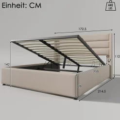 Redom Lit 160x200 cm avec coffre hydraulique et tête de lit rembourrée en lin beige, design moderne