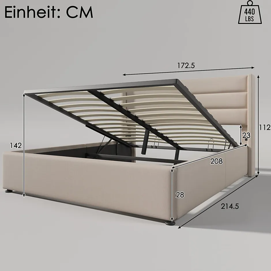 Redom Lit 160x200 cm avec coffre hydraulique et tête de lit rembourrée en lin beige, design moderne