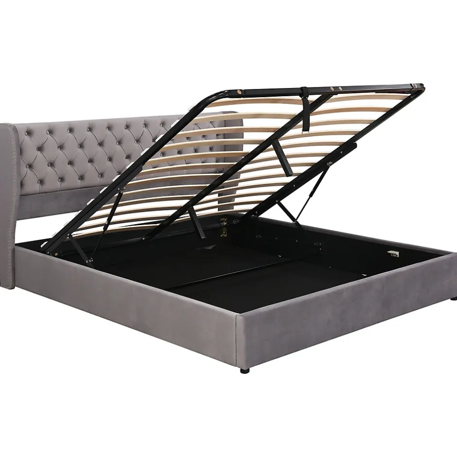Redom Lit 160x200 cm avec coffre hydraulique et tête de lit capitonnée en velours gris