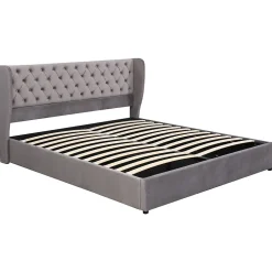 Redom Lit 160x200 cm avec coffre hydraulique et tête de lit capitonnée en velours gris