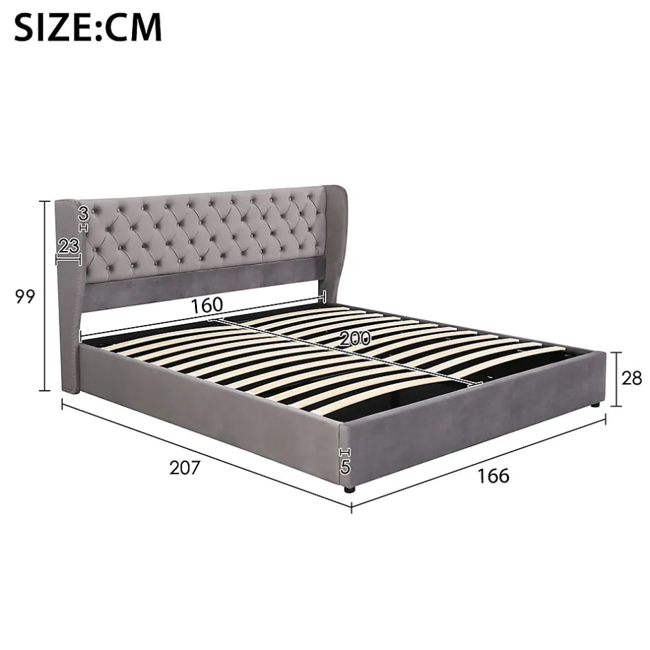 Redom Lit 160x200 cm avec coffre hydraulique et tête de lit capitonnée en velours gris