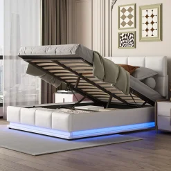 Redom Lit 140x200 cm avec coffre hydraulique et éclairage LED, tête et cadre tapissés similicuir blanc contemporain Discount