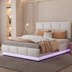 Redom Lit 140x200 cm avec coffre hydraulique et éclairage LED, tête et cadre tapissés similicuir blanc contemporain Discount
