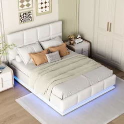 Redom Lit 140x200 cm avec coffre hydraulique et éclairage LED, tête et cadre tapissés similicuir blanc contemporain Discount