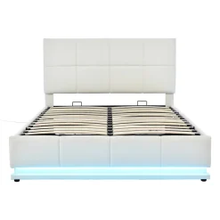 Redom Lit 140x200 cm avec coffre hydraulique et éclairage LED, tête et cadre tapissés similicuir blanc contemporain Discount