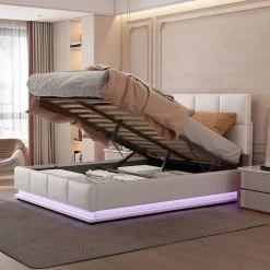 Redom Lit 140x200 cm avec coffre hydraulique et éclairage LED, tête et cadre tapissés similicuir blanc contemporain Discount