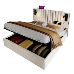 Redom Lit 180x200 cm avec coffre, tête réglable à rivets, liseuse USB et revêtement coton-lin beige, cadre métal
