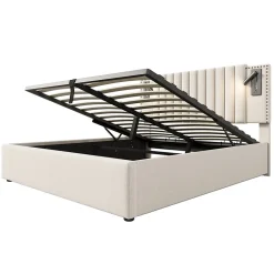 Redom Lit 180x200 cm avec coffre, tête réglable à rivets, liseuse USB et revêtement coton-lin beige, cadre métal