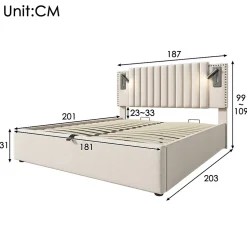 Redom Lit 180x200 cm avec coffre, tête réglable à rivets, liseuse USB et revêtement coton-lin beige, cadre métal