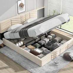 Redom Lit 180x200 cm avec coffre, tête de lit réglable (5 cm) et revêtement velours beige, style élégant