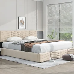 Redom Lit 180x200 cm avec coffre, tête de lit réglable (5 cm) et revêtement velours beige, style élégant