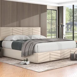 Redom Lit 180x200 cm avec coffre, tête de lit réglable (5 cm) et revêtement velours beige, style élégant