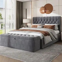 Redom Lit 140x200 cm avec coffre, tête de lit capitonnée en velours gris et banc-coffre assorti, design élégant Clearance