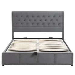 Redom Lit 140x200 cm avec coffre, tête de lit capitonnée en velours gris et banc-coffre assorti, design élégant Clearance