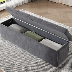 Redom Lit 140x200 cm avec coffre, tête de lit capitonnée en velours gris et banc-coffre assorti, design élégant Clearance