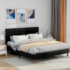 Redom Lit 140x200 cm avec espace de rangement sous le sommier et tête de lit rembourrée en lin noir Hot
