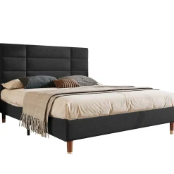 Redom Lit 140x200 cm avec espace de rangement sous le sommier et tête de lit rembourrée en lin noir Hot