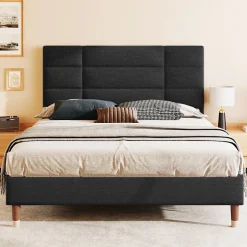 Redom Lit 140x200 cm avec espace de rangement sous le sommier et tête de lit rembourrée en lin noir Hot