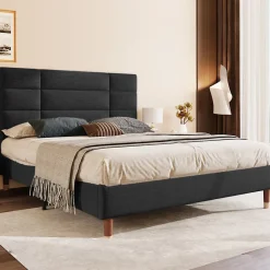 Redom Lit 140x200 cm avec espace de rangement sous le sommier et tête de lit rembourrée en lin noir Hot