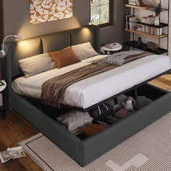 Redom Lit 160x200 cm avec grand rangement et tête de lit équipée d'une liseuse orientable et prise USB, PU gris Best