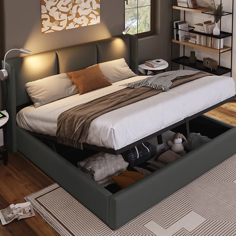 Redom Lit 160x200 cm avec grand rangement et tête de lit équipée d'une liseuse orientable et prise USB, PU gris Best