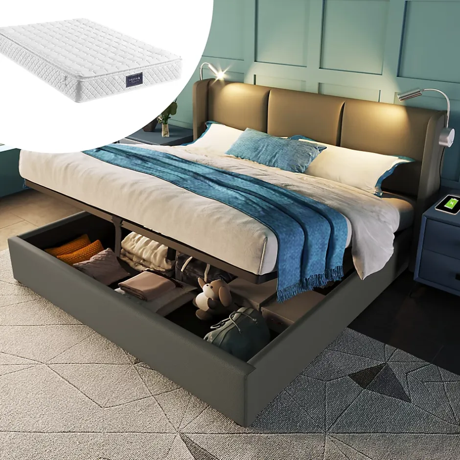 Redom Lit 160x200 cm avec grand rangement et tête de lit équipée d'une liseuse orientable et prise USB, PU gris Best