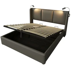Redom Lit 160x200 cm avec grand rangement et tête de lit équipée d'une liseuse orientable et prise USB, PU gris Best