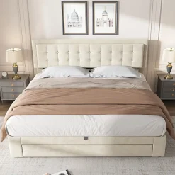 Redom Lit 160x200 cm avec grand rangement hydraulique, tête de lit réglable en velours beige et pieds métal Outlet