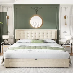 Redom Lit 160x200 cm avec grand rangement hydraulique, tête de lit réglable en velours beige et pieds métal Outlet