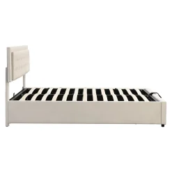Redom Lit 160x200 cm avec grand rangement hydraulique, tête de lit réglable en velours beige et pieds métal Outlet
