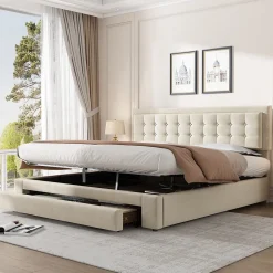 Redom Lit 160x200 cm avec grand rangement hydraulique, tête de lit réglable en velours beige et pieds métal Outlet
