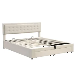 Redom Lit 160x200 cm avec grand rangement hydraulique, tête de lit réglable en velours beige et pieds métal Outlet