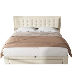 Redom Lit 160x200 cm avec grand rangement hydraulique, tête de lit réglable en velours beige et pieds métal Outlet