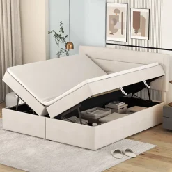 Redom Lit 140x200 cm avec grand rangement, revêtement lin beige, cadre métal et structure bois massif, style minimaliste Hot
