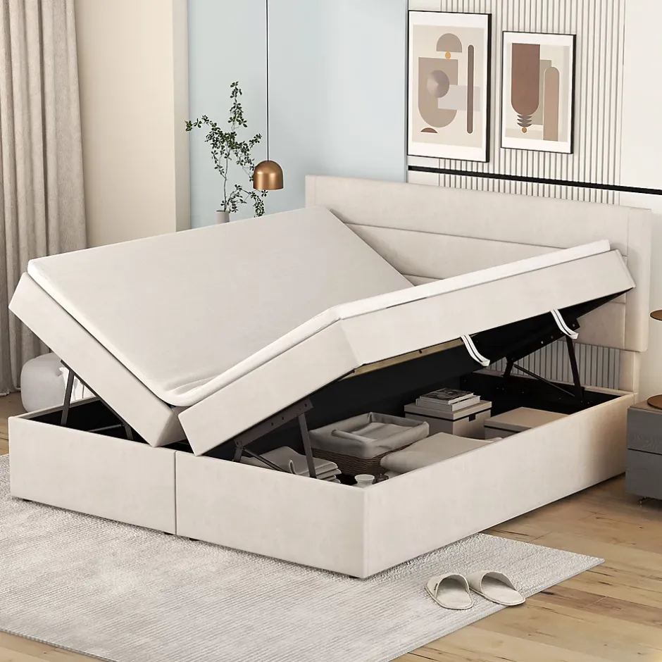 Redom Lit 140x200 cm avec grand rangement, revêtement lin beige, cadre métal et structure bois massif, style minimaliste Hot