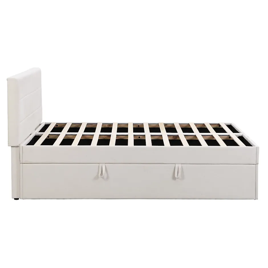 Redom Lit 140x200 cm avec grand rangement, revêtement lin beige, cadre métal et structure bois massif, style minimaliste Hot