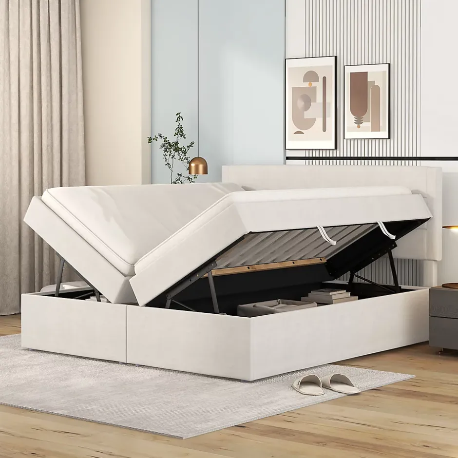 Redom Lit 140x200 cm avec grand rangement, revêtement lin beige, cadre métal et structure bois massif, style minimaliste Hot