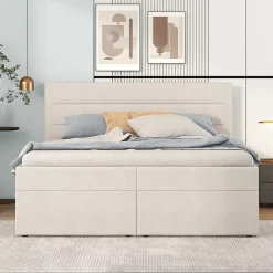 Redom Lit 140x200 cm avec grand rangement, revêtement lin beige, cadre métal et structure bois massif, style minimaliste Hot