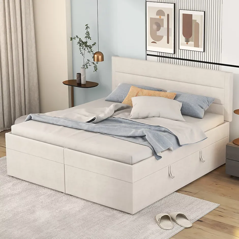 Redom Lit 140x200 cm avec grand rangement, revêtement lin beige, cadre métal et structure bois massif, style minimaliste Hot